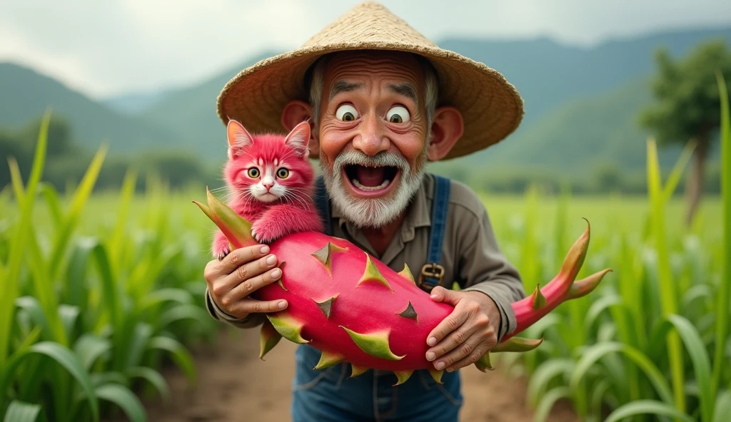 create realistic images An elderly man with a shocked expression holds a large dragon fruit, cradling a surprised-looking kitten with red fur and large, round eyes. He is wearing a traditional straw hat and overalls, with a backdrop of lush green fields. The scene captures a whimsical and humorous moment, highlighting the man's astonished face alongside the kitten's bewildered expression.