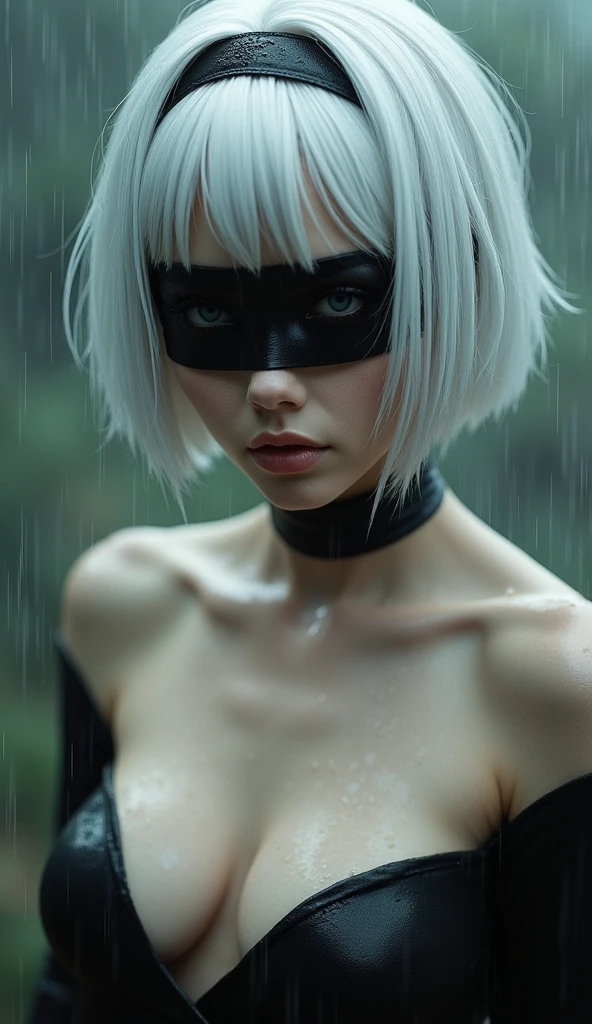 score_9, score_8_up, score_7_up, score_6_up, lldn, 1girl, solo, breasts, short hair, bare shoulders, medium breasts, closed mouth, upper body, white hair, naked breasts, hairband, mole, blurry, lips, wet, depth of field, blurry background, black hairband, wet clothes, mole under mouth, facing viewer, rain, water drop, blindfold, wet hair, covered eyes, black blindfold, yorha no. 2 type b