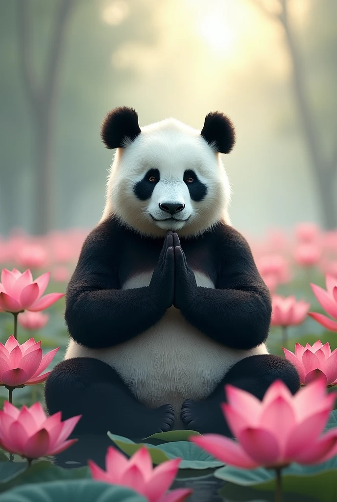 Un panda en illustration, avec en images derrière un Lotus de couleur rose, le panda est un noir et blanc. Je veux que celui-ci soit en mode prière, zen en mode méditation.
