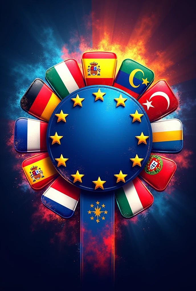 Create a logo for a wrestling event called Grand Fest. Add a stripe in the middle of the logo with the flags of Germany, France, Spain, Italy, Turkiye, Ukraine, Poland, Hungary, Portugal, Serbia and in the middle of them all The European Union. Use a colourful background