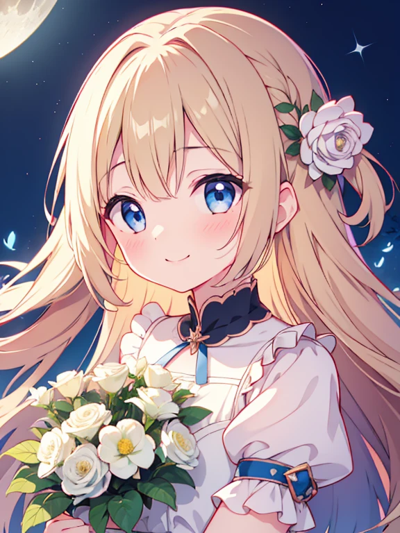 Highest quality、Ultra-high resolution、Highly detailed face、Eye highlights、（One girl、cute、、Blue Eyes、Long wavy blonde hair、smile、Innocent expression）、White dress、Night Garden、Flowers shining in the moonlight々