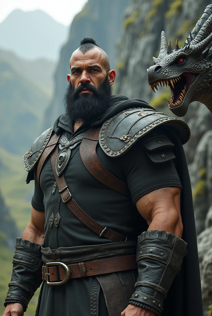 Create an image with a big boy with black hair shaved on the sides, black eyes, with a dragon and with a game of thrones theme, real