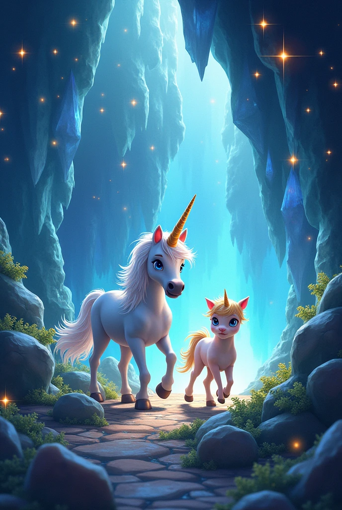 Create an image for story book title is The Adventure of Sparkle the Unicorn
Chapter 4: The Crystal Cave
The path led Sparkle and Twinkle to a shimmering cave made entirely of crystals. Inside, the walls sparkled like stars, and the floor was covered in soft, glowing moss. In the center of the cave, there was a large, golden chest.