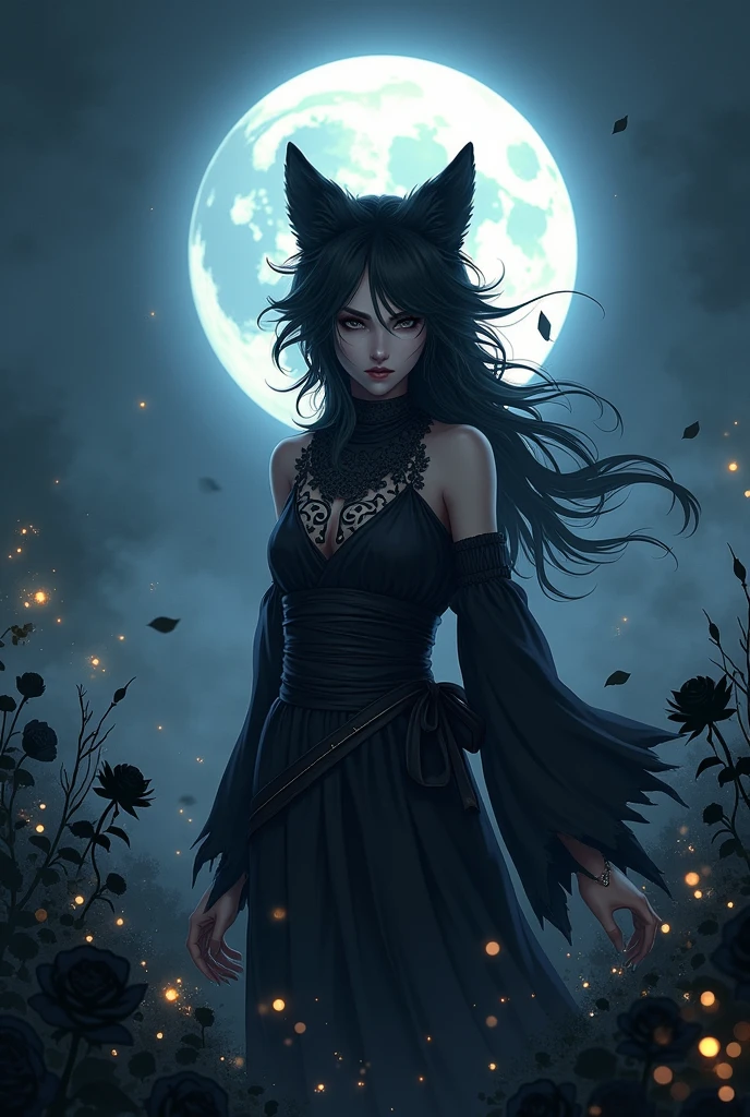 A ninja wolf hybrid girl in front of the moon amidst black roses surrounded by fireflies