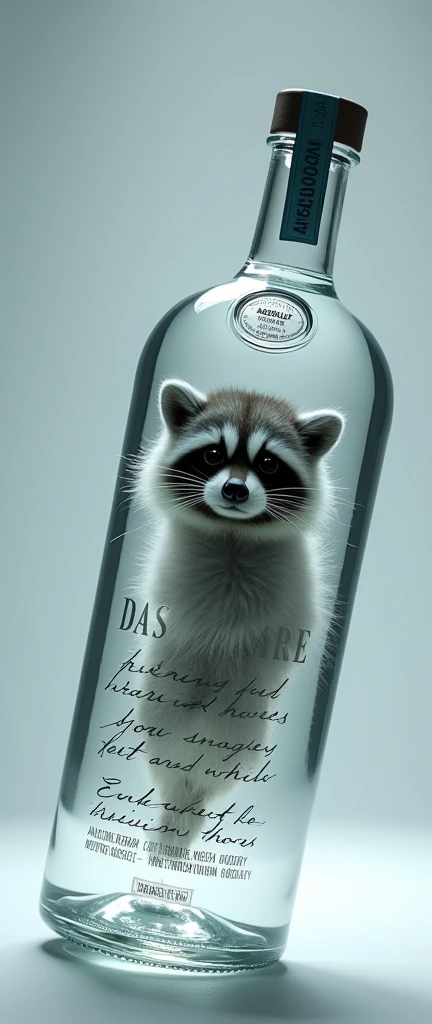 A thought-provoking conceptual art piece that features a 3D render of a bottle of Absolut Vodka, tilted at an angle, with an extra fluffy, transparent  raccoon suspended within the clear liquid. The adorable yet unsettling scene creates a stark contrast between the cold and refined vodka bottle and the surreal contents inside. The overall atmosphere is both provocative and shocking, challenging the viewer's perception of reality., photo, conceptual art, 3d render, product