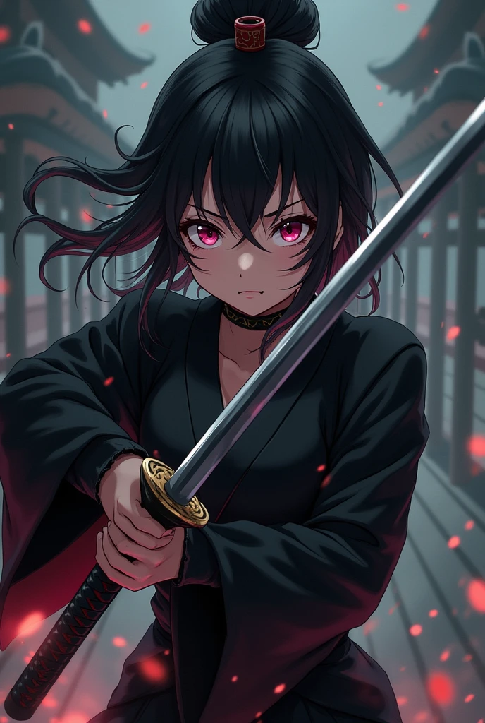 Anime samurai girl in black who wears a samurai hat and a katana drawn in front of her face