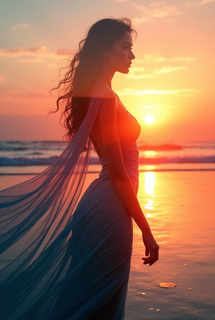 high quality、8k Ultra HD、A beautiful Double Exposure combining the silhouette of a goddess with the sunset coast、The Sunset Coast serves as a backdrop.、The details are captured by the Goddess、Crisp lines、The background is monochrome、Sharp focus、Double Exposure、By yukisakura、Amazing full color。