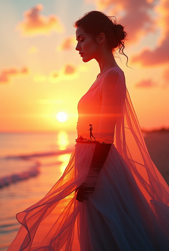 high quality、8k Ultra HD、A beautiful Double Exposure combining the silhouette of a goddess with the sunset coast、The Sunset Coast serves as a backdrop.、The details are captured by the Goddess、Crisp lines、The background is monochrome、Sharp focus、Double Exposure、By yukisakura、Amazing full color。