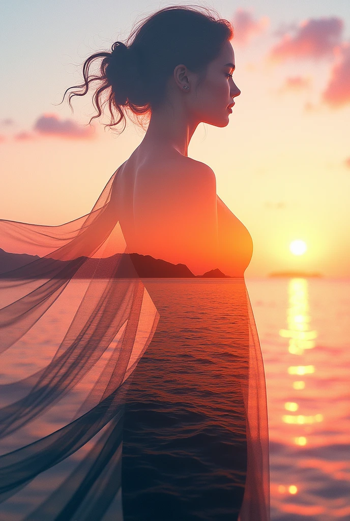 high quality、8k Ultra HD、A beautiful Double Exposure combining the silhouette of a goddess with the sunset coast、The Sunset Coast serves as a backdrop.、The details are captured by the Goddess、Crisp lines、The background is monochrome、Sharp focus、Double Exposure、By yukisakura、Amazing full color。