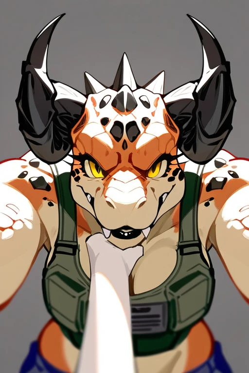 Solo, score_9,score_8_up,score_7_up, source_anime, aegis, kemono style, aegis, Anthro reptile girl, snout, green scaled skin, yellow eyes, black lips, black ram horns, tail, black lips, tall, Anthro deathclaw from fallout, deathclaw girl, (best quality), (4k), bulletproof vest, holding a rusty gun, blue shorts, in a ruined city, looking at viewer, 