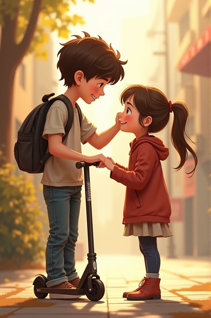 Boy in scooters girl standing next to him boy one hand touching girl face and one hand holding girl hand