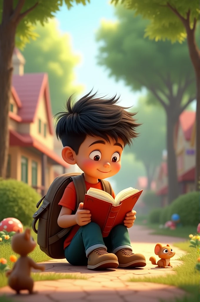 pixar style boy sitting reading a book with a backpack on his back