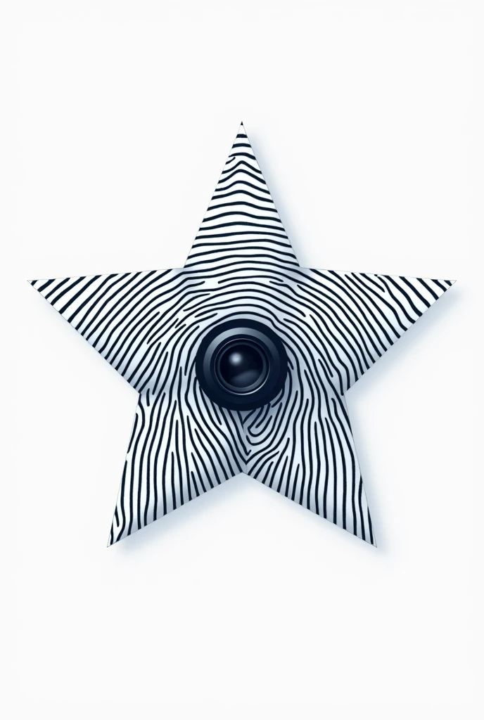 5-pointed star logo with pronounced fingerprint background, but without the relief of the star and in the center a cool security camera lens, all in 2D