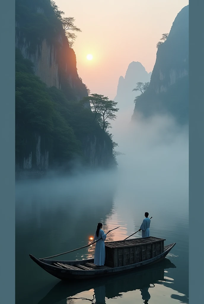 Misty，Sunset through the fog，Aerial view of 92 degree angle shot of bamboo raft，There is a woman and a man wearing Chinese Hanfu holding an umbrella on the bamboo raft，Man holding a long bamboo pole，The boat sails towards the sun，There are stone cliffs on both sides，Like a Chinese landscape painting, like a fairyland, like the mountains of Zhangjiajie，Maximum resolution，All the details can be seen clearly，Cinematic color grading
