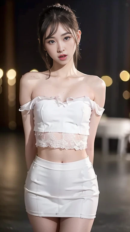 masterpiece, highest quality, alone, 1 girl, glowing skin, sparkling earrings, glamorous, quirky details, slicked hair, attractive, bare shoulders, Sheer lace crop top, Tight Skirt, shallow depth of field, contrasting, Professional Model, facing the front, Overbyte、half open mouth、blush、 small and perky breasts