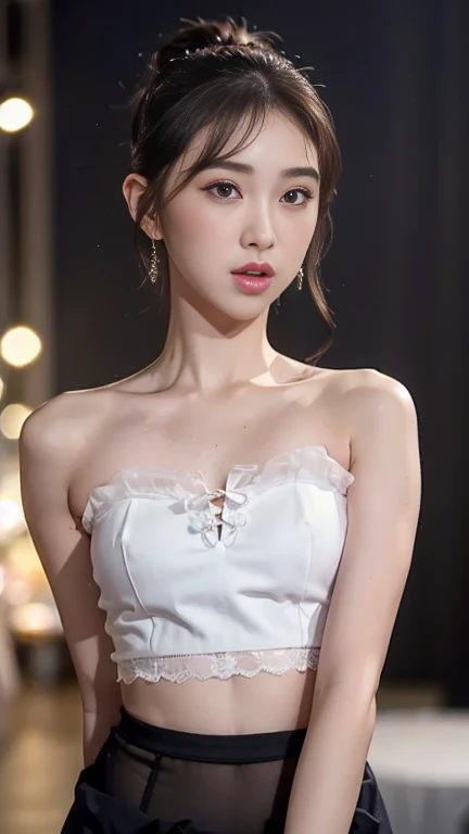 masterpiece, highest quality, alone, 1 girl, glowing skin, sparkling earrings, glamorous, quirky details, slicked hair, attractive, bare shoulders, Sheer lace crop top, Tight Skirt, shallow depth of field, contrasting, Professional Model, facing the front, Overbyte、half open mouth、blush、 small and perky breasts