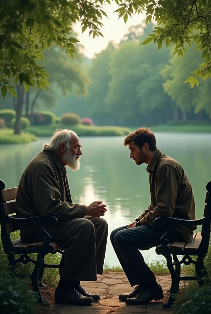 The old man speaking to the frustrated man, who is sitting on a bench.