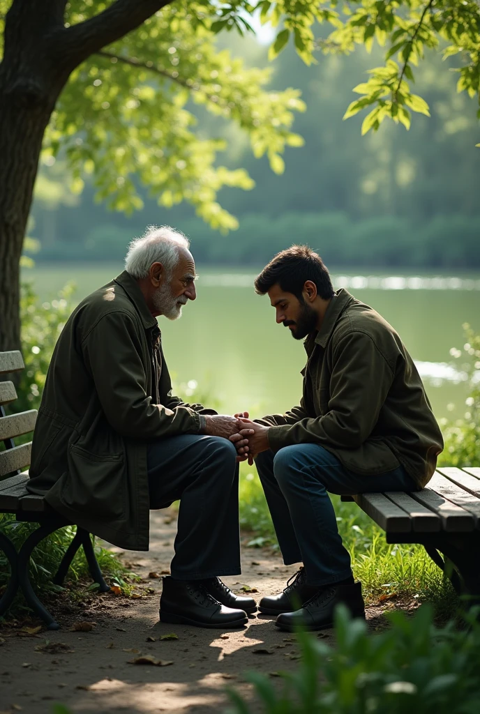 The old man speaking to the frustrated man, who is sitting on a bench.