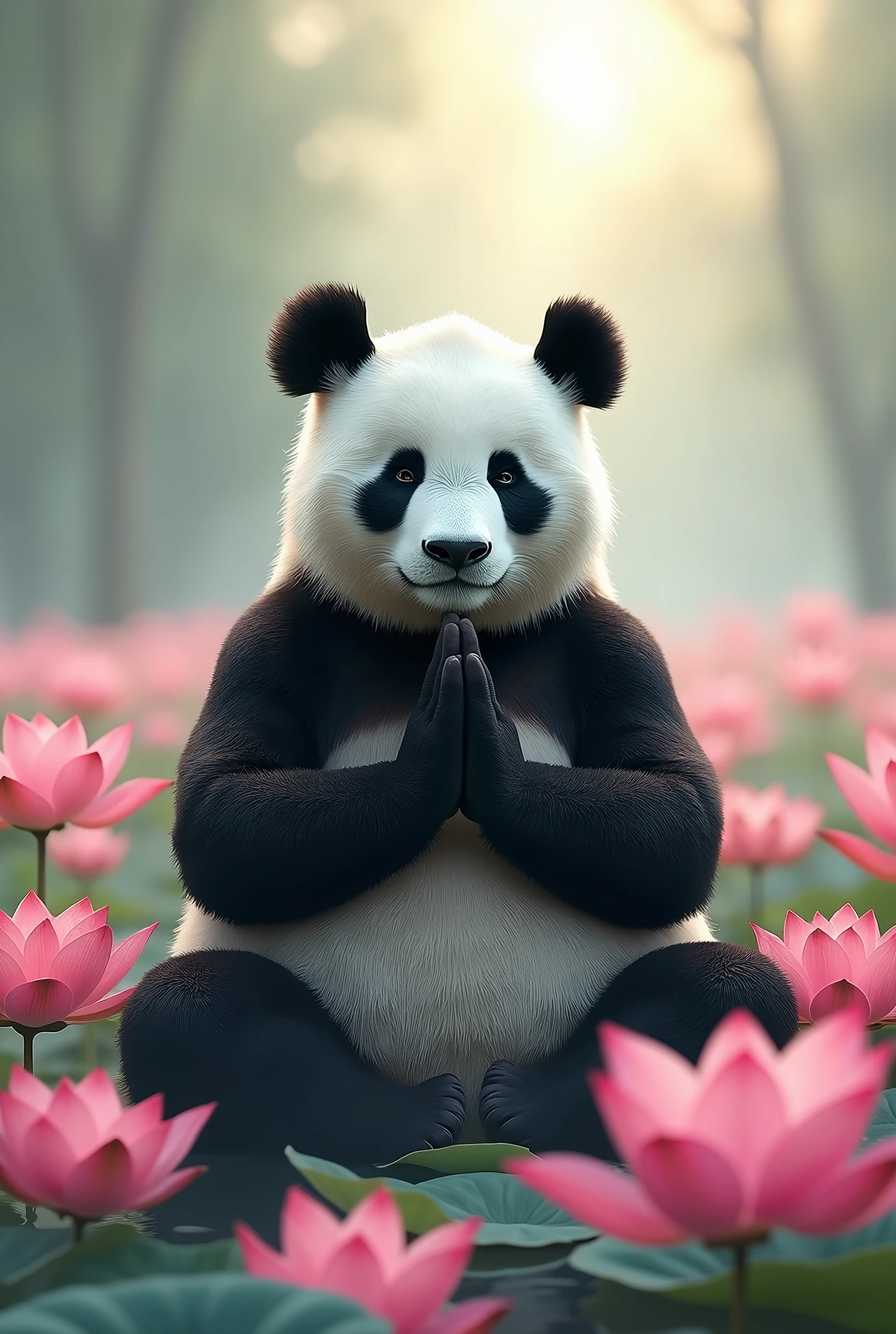Un panda en illustration, avec en images derrière un Lotus de couleur rose, le panda est un noir et blanc. Je veux que celui-ci soit en mode prière, zen en mode méditation.