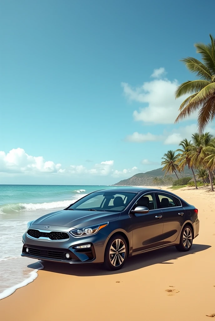 Uber promotion with a dark gray Kia Forte car from 2019 with a beach landscape
