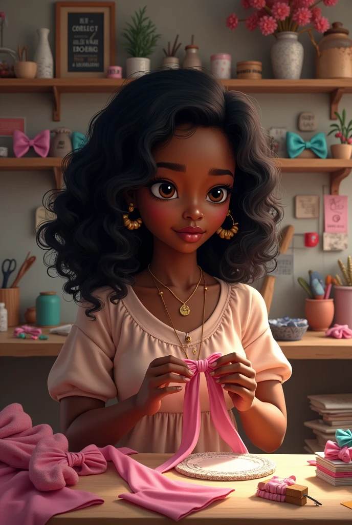dark skinned with wavy black hair she is in her bow studio making a hair bow