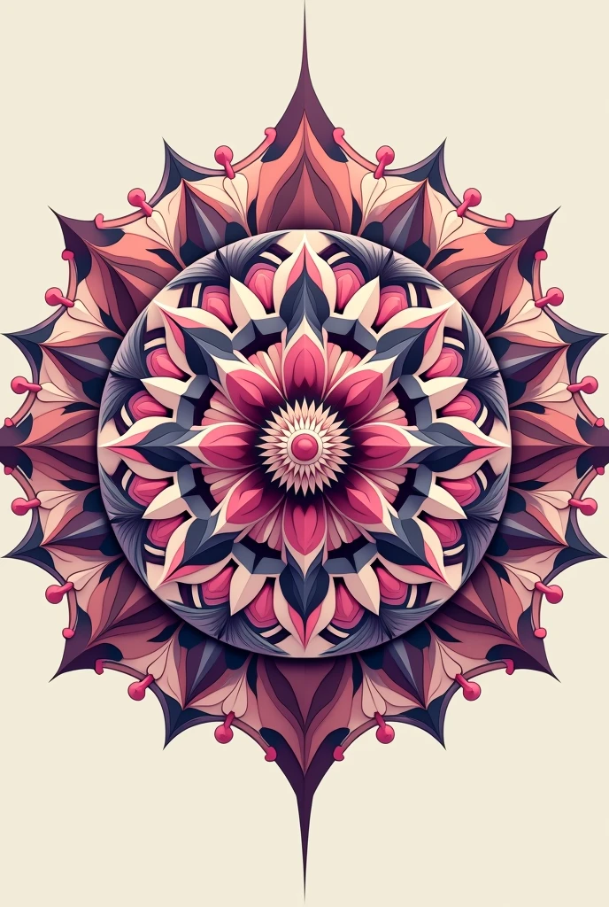 Round mandala, circle in the middle, five main circles consisting of petals, ovals, small petals, multi-point filling of empty spaces, colors lilac, pink, dark pink, dark chocolate, The whole mandala is drawn from geometric shapes.The first circle is made of small triangles, the second circle is Malkin petals, the third circle is sharpening intertwined with each other, the fifth circle is a curl and a petal.