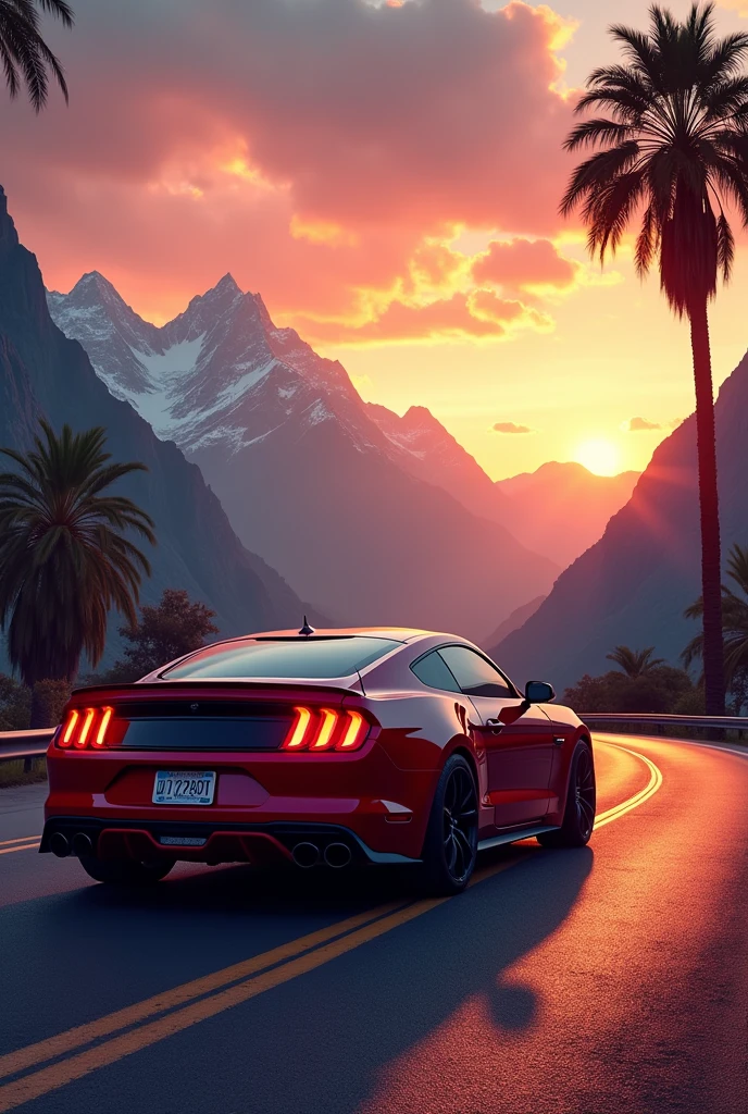 sunset between mountains, mustang car in road ultra realistic UHD with palm trees on roadside