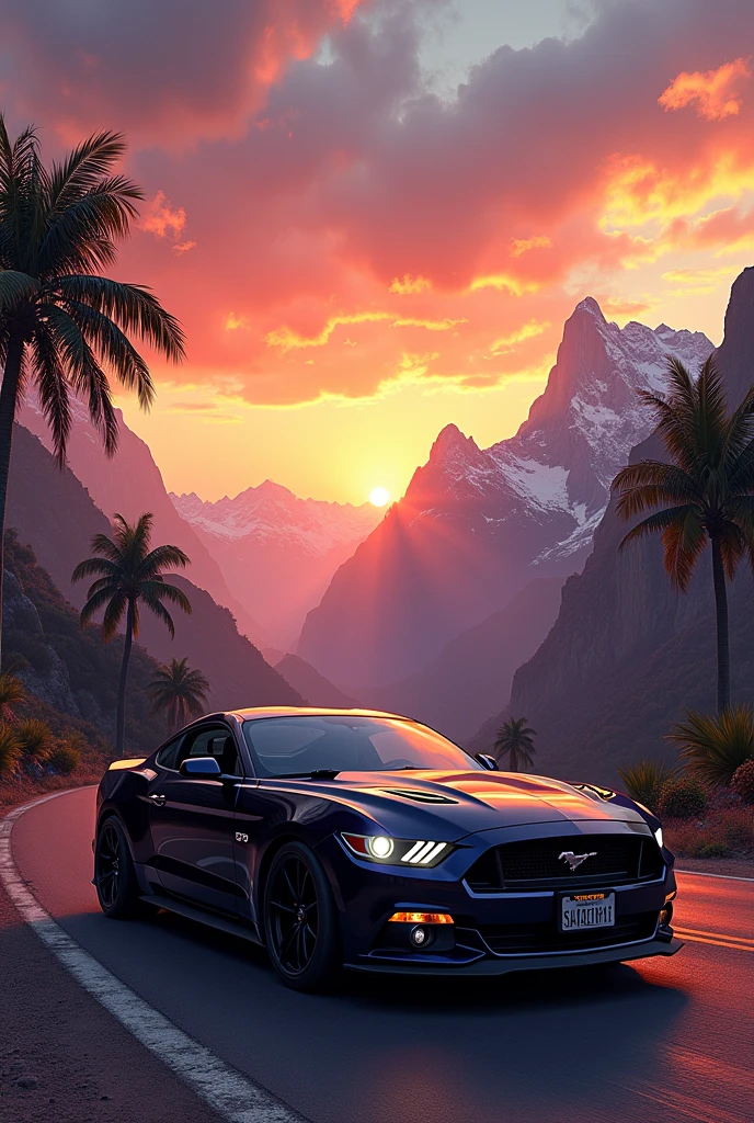 sunset between mountains, mustang car in road ultra realistic UHD with palm trees on roadside