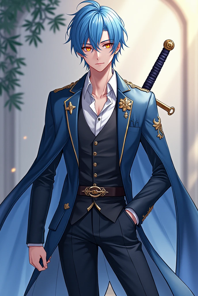 Create an male anime character using this name:
4. Brother - Prince Charles Blackwood (Charlie) (his eyes are orange, his hair is sky blue, his style resembles of health, attraction, stand out, youthful, happiness, natural, passion, swordsman and benevolence)
Make them more mature and majestic appeal.