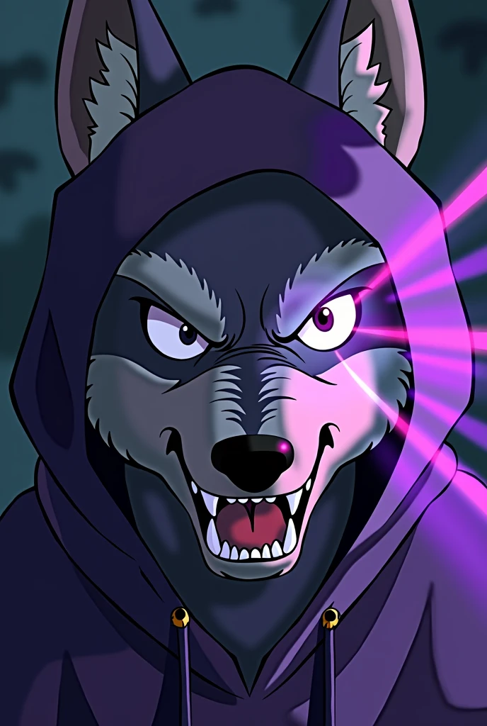 An illustration of an angry wolf's face, that the left front part of the face is covered by a purple hood and that purple rays are projected from its right eye, but the wolf doesn't look so realistic, If not rather animated in the style of "Studio Ghibli"