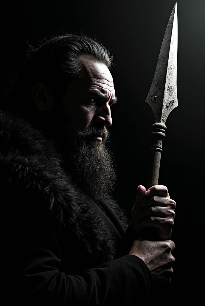 Kraven the hunter, side face, black background with spear .
