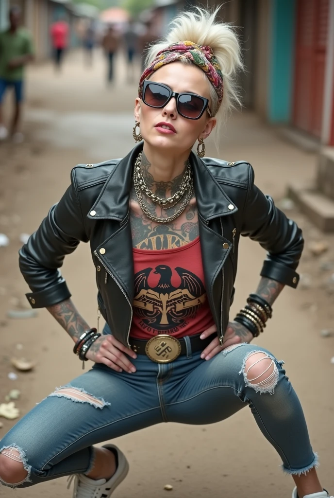 russian old milf woman, , blonde platinum hair (beehive bun with shaved sides) and wide colourful bandana as headband). Wearing oversized square maxi sunglasses. Square jaw, with very light green eyes, extremely pale. No tan. Wearing aged cropped black moto jacket (zippers on the side). Cropped short dark red push up t-shirt, faded push up t-shirt with a spread wings eagle holding a laurel wreath logo and gothic lettering,, dark skinny low rise blue jeans with holes on knees (white cotton visible). White tennis sneakers and bead bracelets around ankles. Lots of thick wide studded bracelets, chain collars and big rings. Tacky wide studded leather belt with swastika oval buckle. Long earrings with chains and feathers. Squatting, chin up looking at the sky, stretching her neck.. Hands on knees, spread legs, Toned abdominals, thin neck, slim legs and thin arms. Narrow hips. Heavily tattooed in colour on chest, hands, neck and arms. Garbage and waste on the ground. Crowded dirt street of Nairobi with shirtless men crowding behind her