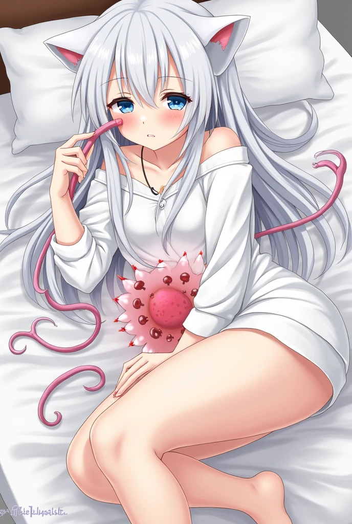 Japanese anime style,White-haired girl,Wearing white,Cat girl,A little bit of reality,On the bed,Being entangled by slimy tentacles and inserted into the uterus