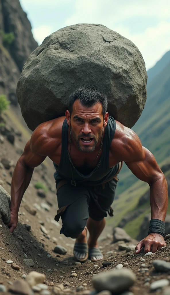 A person pushing a heavy boulder up a hill with a look of determination, representing the power of perseverance and patience in overcoming obstacles.