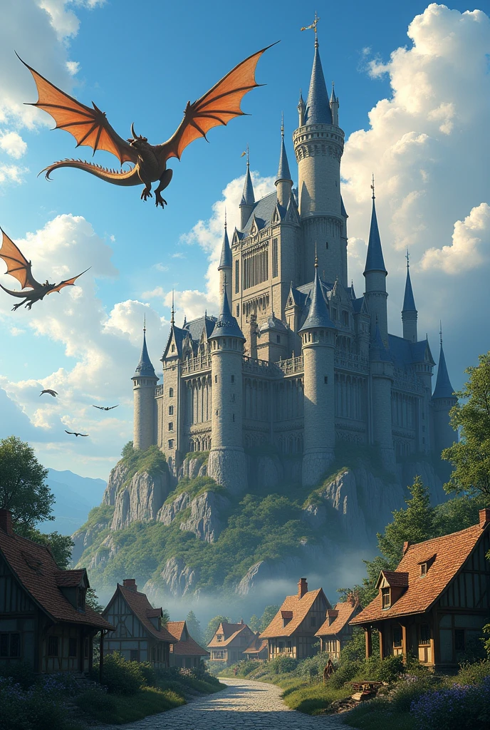 A castle with dragons, on the edge of a village