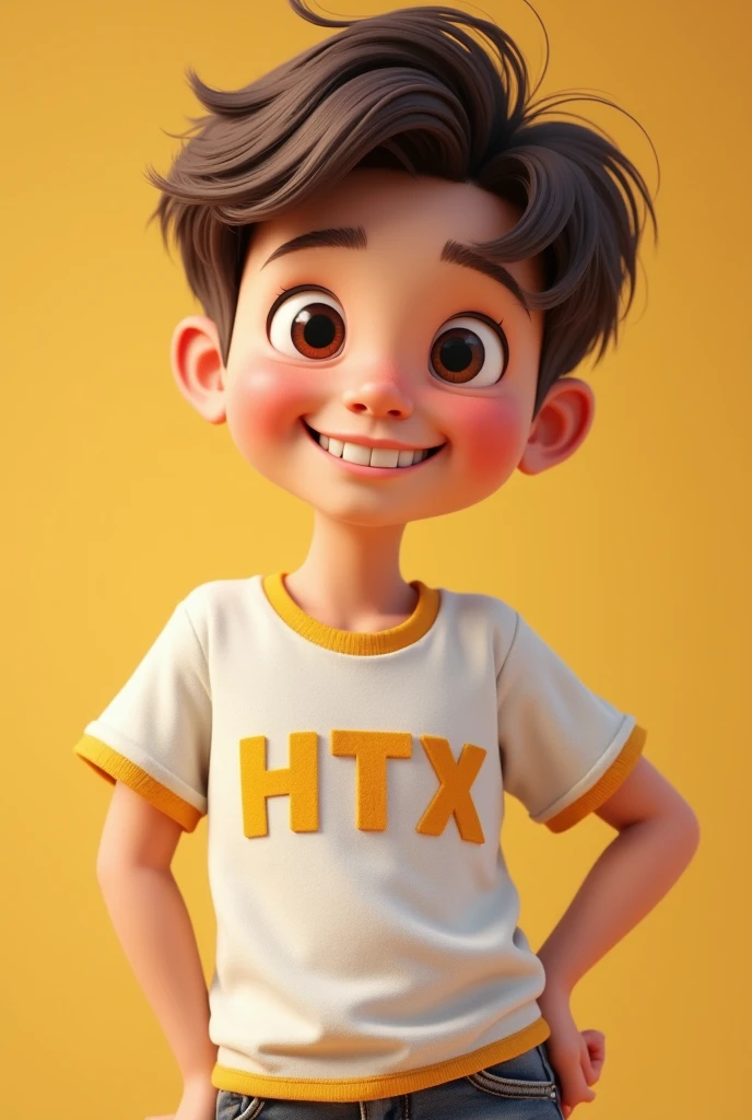 Create an image of a cute boy, wearing a T-shirt with 'HTX' written on it. The boy should have a friendly and joyful expression, and the setting should be simple to keep the focus on the boy and the T-shirt."