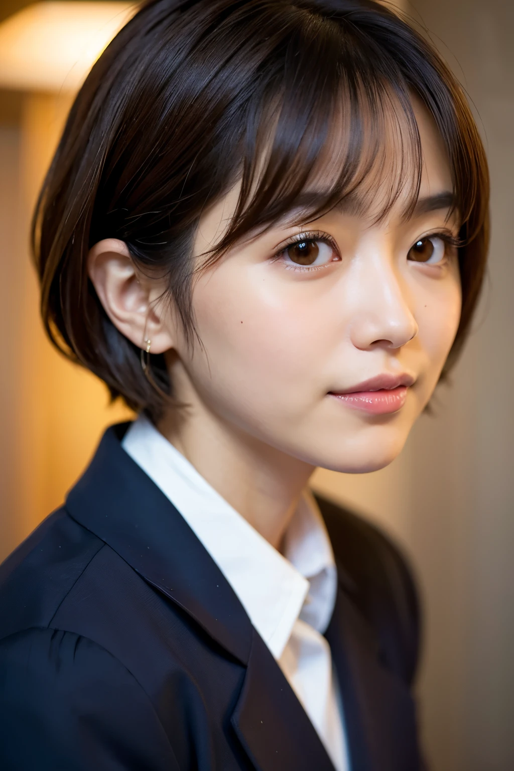 Highest quality, Face Focus, Soft Light, Ultra-high resolution, (Realistic:1.4), RAW Photos, 1 Japan, alone, cute, (A shy smile:0.5),"Sakurazaka46",((Hikaru Morita)), (Brown eyes, Light in your eyes), Beautiful face in every detail, (Small box),(High resolution detail of human skin texture), (Short Bob Hair), break, In the classroom,Navy uniform, Best, skirt