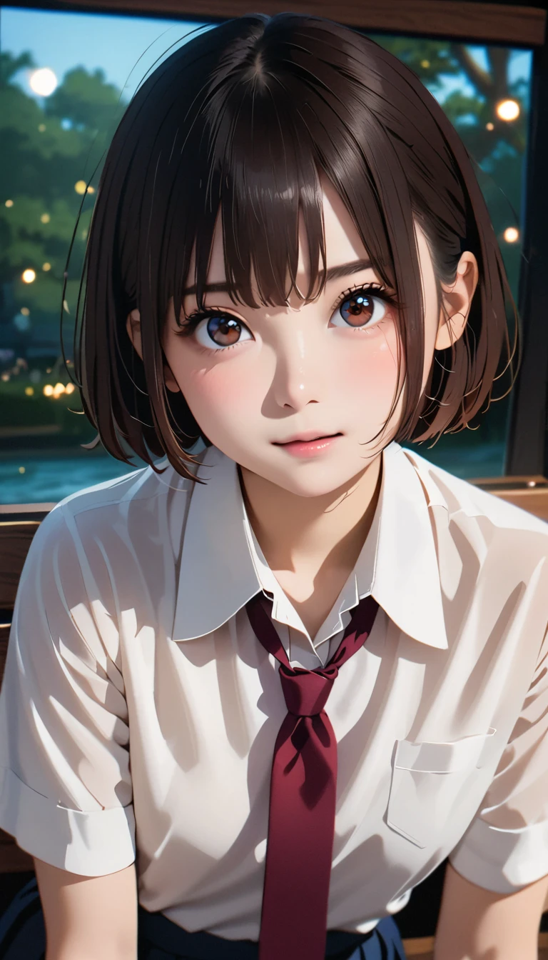 (masterpiece, highest quality:1.2), 1 girl, alone、(table top, highest quality:1.2), 8k, 1, 85mm, official art, Raw photo, absurdes, white dress shirt, cute face, close, Upper body, viola lace, gardenia, beautiful girl, (dark red tie:1.1)、(navy pleated skirt:1.1), Cinch West, thighs, short sleeve, ponytail、short hair、short hair、sit on a bench seat, looking at the viewer, no makeup, (smile:0.4), film grain, chromatic aberration, sharp focus, face light, clear lighting, teen, detailed face, ((background bokeh, cherry tree seen from the window))