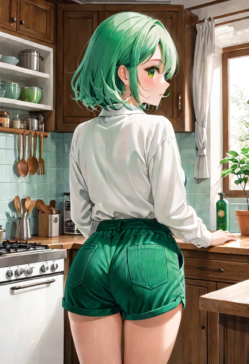 40-year-old Woman Green hair Corduroy shorts Kitchen View from behind