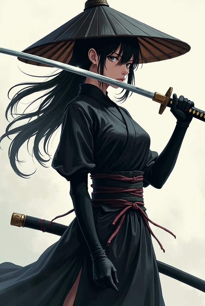 Anime samurai girl dressed in black wearing a samurai hat and a katana drawn in front of her face