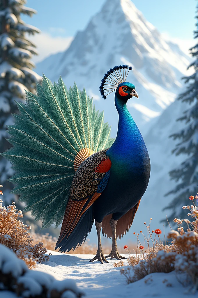 A majestic lophophorous displaying its colorful feathers in a lush, snowey mountain 