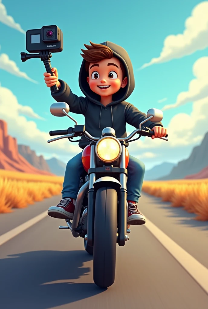 A cartoon traveler boy sitting on the motorcyclewith the gopro with the selfie stick with the free road by wearing black hoodie with the side view. 