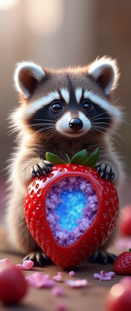 A whimsical, conceptual photograph of an incredibly fluffy baby raccoon posing enchantingly with a large, delectable strawberry. The strawberry is filled with a hidden geode, emitting a mesmerizing iridescent glow of blue and purple. The raccoon's expressive eyes capture the viewer's attention, while the soft, dreamy background creates a surreal and magical ambiance. The image is a stunning blend of photography and 3D render, resulting in a captivating and enchanting scene., conceptual art, 3d render, photo