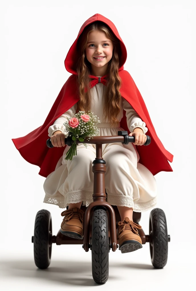 (((realistic full figure portrait of a Little Red Riding Hood riding a tricycle))), young teen ager  , photorealistic, full figure, frontal, camera parallel to character's eyes, white neutral background, smiling, serene, front view, she holds a flower bouquet in one hand and the handlebar with the other hand