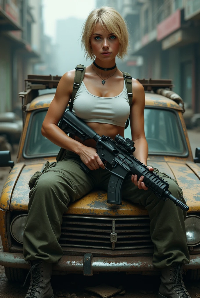 Caucasian Chica, Short blonde hair, blue eyes, high, strong, thick thighs, with white blouse, camouflage pants, and military boots, with a gun in his hand, while resting on an old car