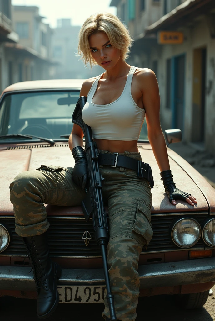 Caucasian Chica, Short blonde hair, blue eyes, high, strong, thick thighs, with white blouse, camouflage pants, and military boots, with a gun in his hand, while resting on an old car