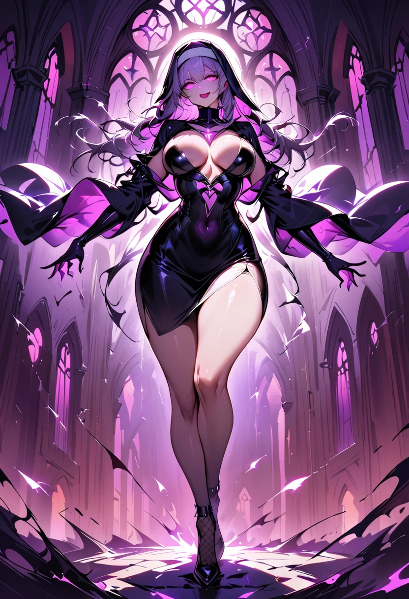 1 mature woman,(Highest quality,Extremely detailed depiction,Incredibly absurd high resolution,Anatomically accurate depiction,Curvy Legs,Shiny skin,Porcelain-like skin,Perfect body),(Succubus disguised as a nun:1.3,Intricately crafted robes,Fishnet tights),eyelash,(Glowing purple eyes,Crazy Eyes,Eyes half closed:1.5,There is cleavage in the chest,Wicked Smile,Glossy Red Lips,Seductive gestures,Sticking out tongue),whole body,background:Chapel,Pink light