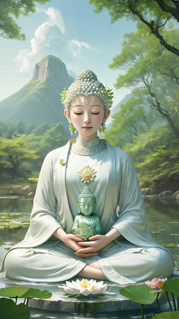 (Masterpiece),(Best quality),(Ultra-detailed), (Body:1.2), 1 Buddha statue, floating in a powerful zen state. White skin, Amitayus, sitting on a lotus flower, Chant the Buddha's name with both hands, temples, wearing an outfit, White skin, face round, kind, gentle, look, Mountains, green trees,stream, pink flower, gentle lightsun forest, Birds, Clouds, dew, En plein air, Bright, fresh, Green, White skin, (Beautiful detailed face), (Eyes closed), (surrealism),