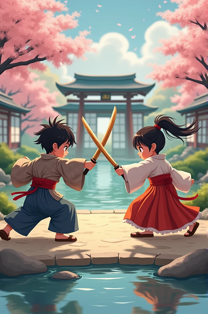 two japanes kids wooden sword fight