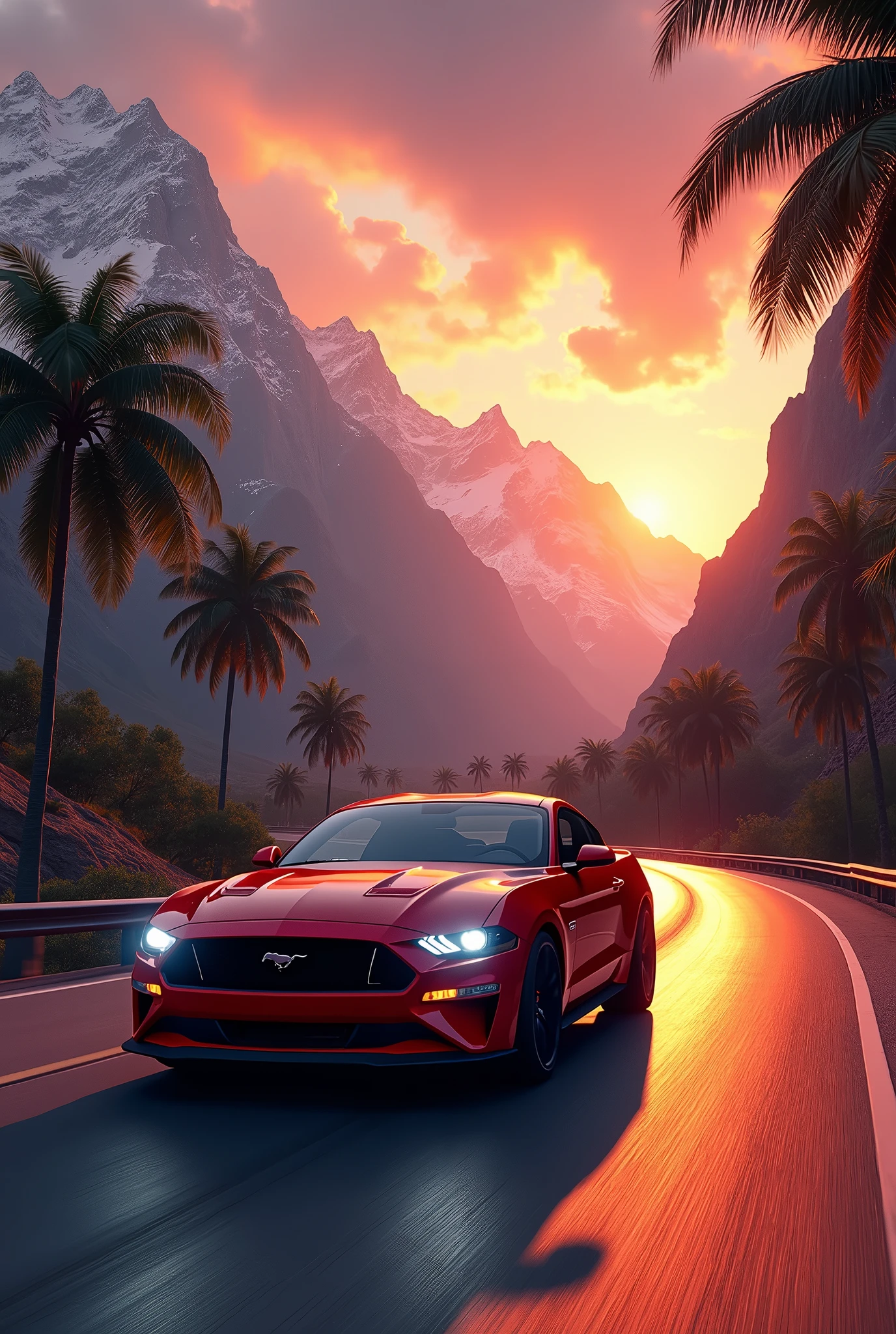 sunset between mountains, mustang car in road ultra realistic UHD with palm trees on roadside